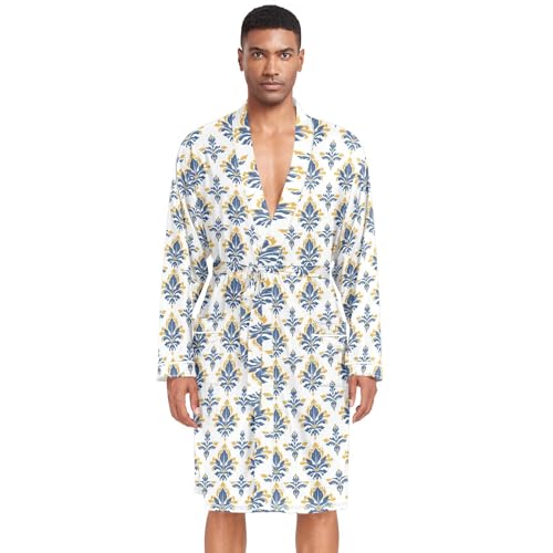 Amooorous Bohemia Europen - Albornoz clásico para hombre, diseño de flor de lis, color azul y dorado, camisa de noche para hombre, camisa de dormir para hombre, camisones para hombre, regalos para