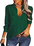 AISEW Womens Casual Button Down Shirts V Neck Chiffon Long Sleeve Collared Office Work Blouses Tops with Pocket (1149Green, Medium)
