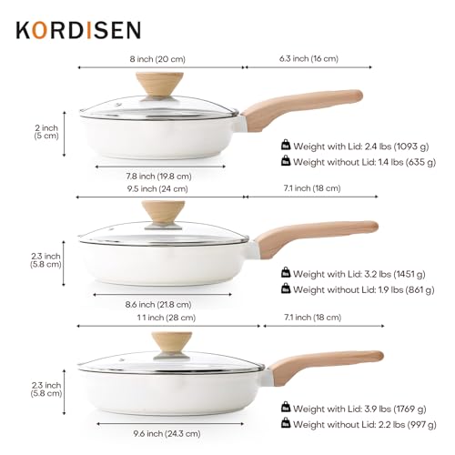 Kordisen Ceramic Nonstick Frying Pan Skillet Set with Lid, 3 Piece Ceramic Pans for Cooking Non Toxic, Healthy Induction Cookware, Stay-Cool Handle, PFOA & PFAS Free (8 Inch, 9.5 Inch, 11 Inch)
