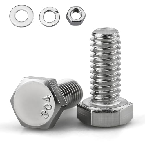 Image of (5 Sets) 1 /2-13 x 1 Hex Bolt and Nut Kit, 304 Stainless Steel (18-8), Fully Threaded, Flat & Lock Washers Included