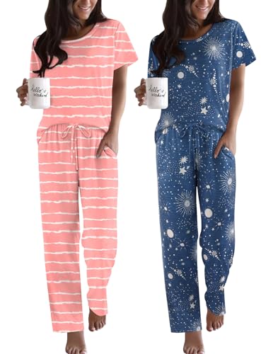 Image of Ekouaer 2 Pack Pajamas for Women Set Short Sleeve Sleepwear Top and Pants Pjs Soft Printed Lounge Sets with Pockets