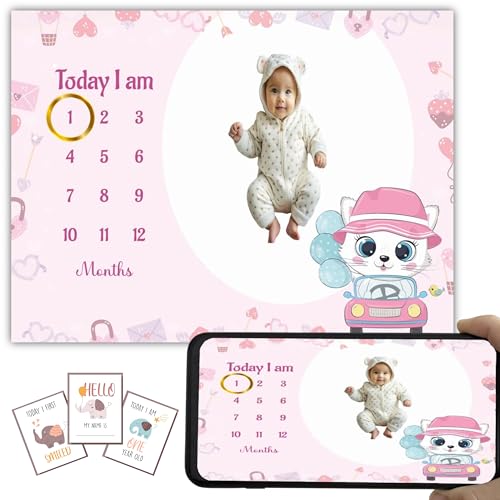Image of Baby Monthly Milestone Blanket | 1-12 Months | Soft All-Season AC Blanket | Ideal for Newborn Boys & Girls | Perfect Growth Tracker & Photoshoot Prop with Cute Kitty | 120x90 cm