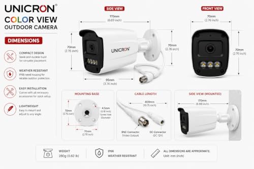 Image of UNICRON CCTV Bullet Outdoor Security Camera | 24x7 Color View | HD Camera with Human Detection, Built-in Microphone, Digital WDR, ONVIF Support | Two-Way Audio, Color Night Vision | Weatherproof