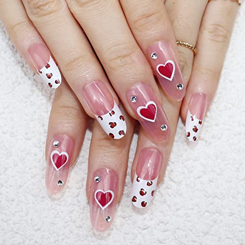 IMSOHOT Glossy Oval Heart Press on Nails Long Round False Nails with Designs Full Cover Pink Fake Nails Artificial Fake Fingernails for Women and Girls