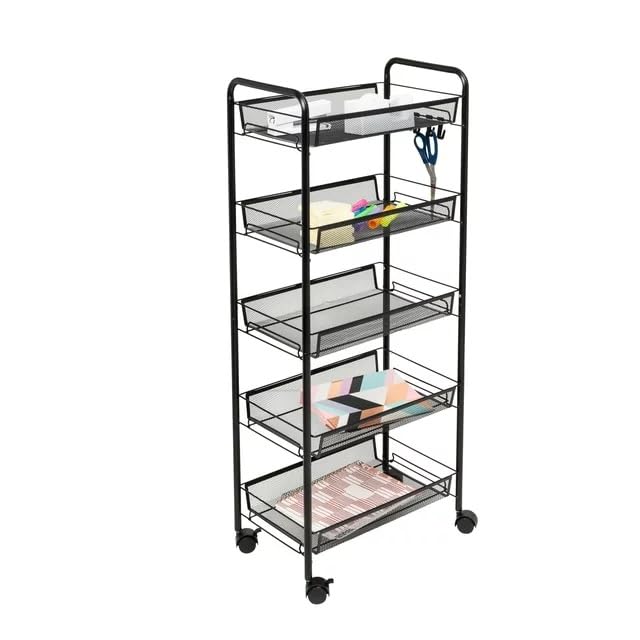 COZY NEST Multi Tier Rolling Trolley Cart Kitchen Storage Organizer with Hooks & Wheels,Mobile Functional Shelves for Bathroom,Office,Laundry room (5 Tier Metal Black basket)