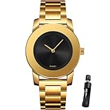 SKMEI Orologio da polso da donna, elegante e minimalista, al quarzo, in acciaio inox dorato, con delicati accenti di diamanti, Nero dorato., Minimalista