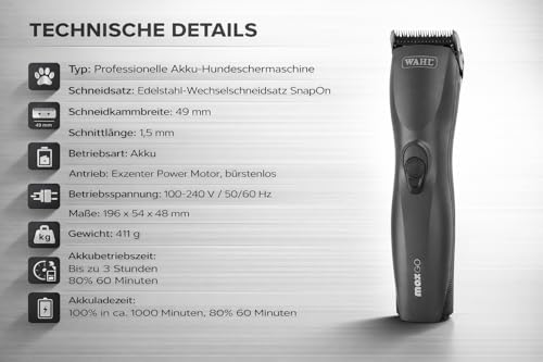 Rotschopf24 Edition: Profi Schermaschine Max Go + acht Metallaufsätze! Bis zu 3 Std. kabellos arbeiten. Sehr gute Qualität!! Für Wahl Hundeschermaschinen Liebhaber