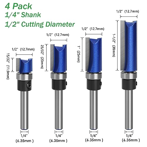 Trvoxviq Flush Trim Pattern Router Bits, 1/4" Shank Straight Flush Trim Tools Template Milling Cutter CNC Bit(4Pcs) - Image 2