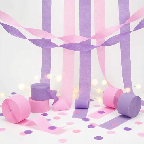 Image of Pink and Purple Crepe Paper Streamers 4 Rolls 328ft, Pack of Party Streamers for Mother's Day Decorations, Crepe Paper for Birthday, Wedding, Easter Party Decorations (1.8 Inch x 82 Ft /Roll)