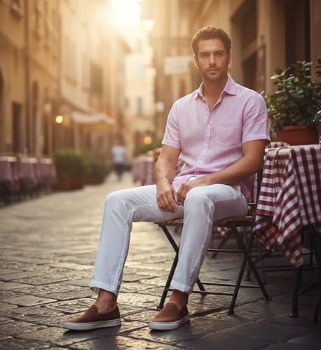 Image of Glowic Men Linen Shirt Casual Regular Fit Solid Stylish Summer Wear Shirt for Office Party Beach Holiday Lightweight Breathable Fashion Shirt
