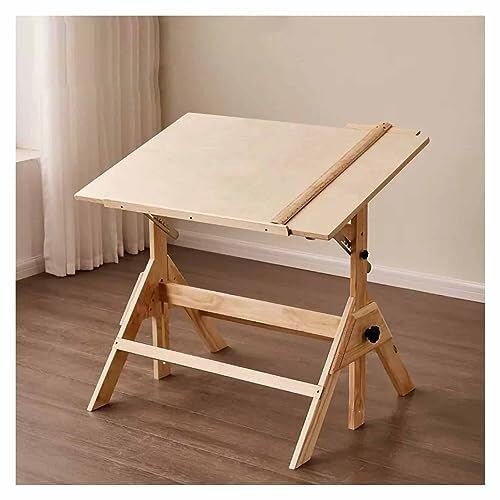 木製製図台セット、高さ調節可能(75〜85cm)、傾斜可能なデスクトップ(0〜80°)、スツールとT定規付き、無垢パイン材アートデスク