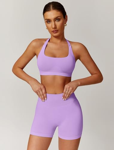 Image of ABOCIW Workout Sets for Women 2 Piece seamless Halter Sports Bra Scrunch Butt Impact Shorts Gym Yoga Outfits