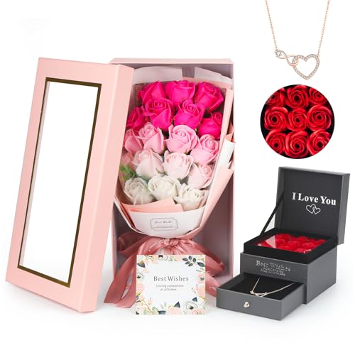 MROUEN Rose Bouquet Rosas Eternas Preserved Rose Bouquet 18 Flower Bouquet with Beautiful Love Necklace, Unique Gift for Birthday, Valentine's Day, Mother's Day, Thanksgiving, Christmas, Anniversary