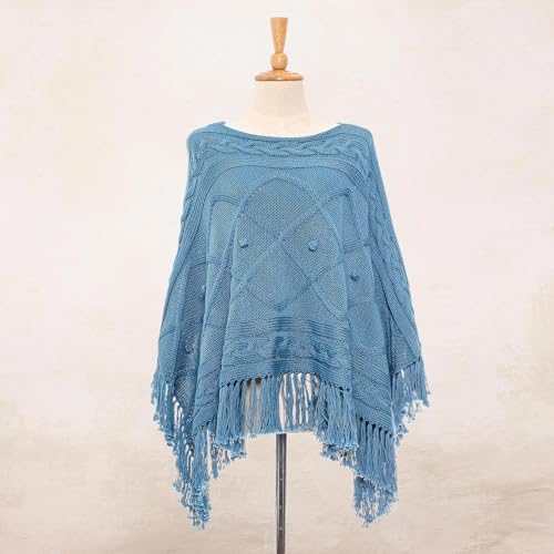 NOVICA Artisan Handmade Short Cotton Poncho Knit in Cerulean from Thailand Clothing Blue Patternedcable ' Charming Knit in Cerulean'4