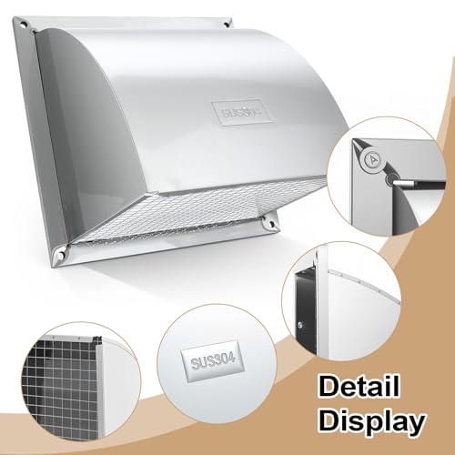 Image of 304 Stainless Steel Outdoor Wall Vent Cover, Exterior Dryer Vent Outlet Grille Louvered Duct Ventilation with Mesh Screen and Tool for Storage Room, Kitchen and Bathroom,16 inchx16 inch