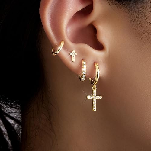 Image of Small Gold Huggie Hoop Earrings Set for Women Men Hypoallergenic 14K Plated Stack Cartilage Earrings, Sterling Silver Multiple Piercing Lightweight Mini Thin Cute Dainty Trendy Jewelry Gifts for Women