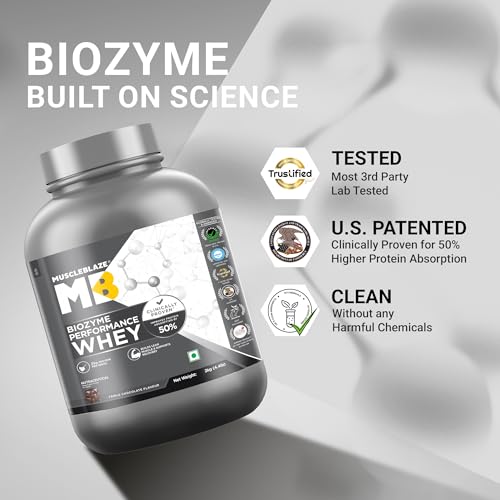 Image of MuscleBlaze Biozyme Performance Whey Protein Powder, 2kg (4.4lbs) | Triple Chocolate | 25g Protein Per Scoop | Clinically Tested 50% Higher Protein Absorption