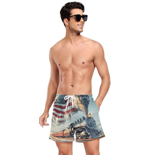 Men's Swim Trunks Train America Flag Quick Dry Swimwear Beach Shorts with Pockets4