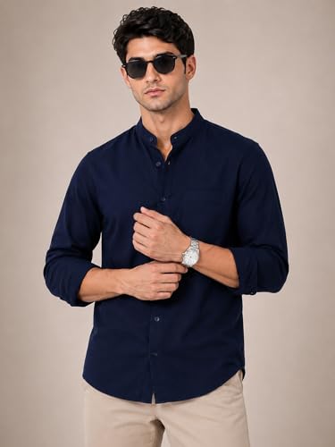 Image of Veirdo Men's Stylish Solid Casual Shirt | Chinese Collar Pure Cotton | Available in Black, Brown, Rust, Olive, White & Navy | Sizes S to XXL