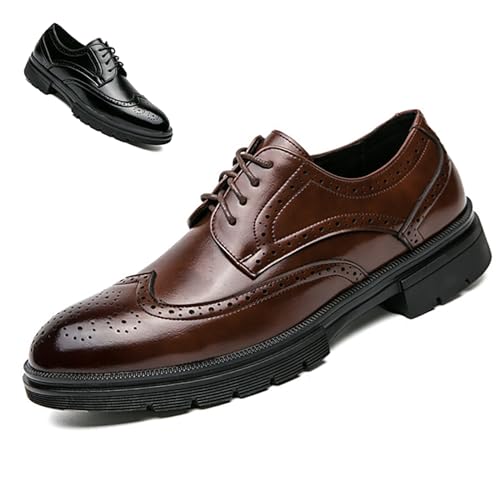 Image of Men's Wingtip Fashion Modern Leather Oxford,Black Business Casual Platform Dress Shoes for Men,Comfortable Retro Lace Up Tuxedo Shoes