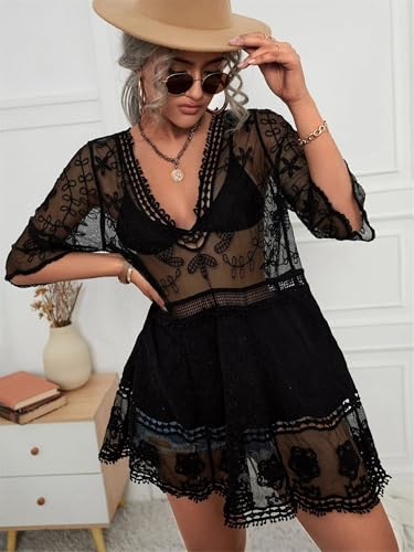 Women's Lace Bathing Suit Cover Up V-Neck Swimsuit Coverups Loose Swimwear Hollow Out Beach Dress Beachwear
