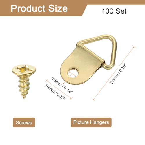 Image of uxcell 100Pcs Picture Hangers, Triangle Ring Picture Frame Hook, Frame Backing Fasteners with 100 Pcs Screws for Hanging Clock Paintings Pictures, Gold