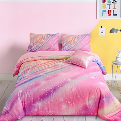 Btargot Super Soft 6 Pieces Gradient Star Ring Comforter Set, Colorful Glitter Rainbow Star Pattern Bedding Set for Boys Girls Teens,Queen Pink
