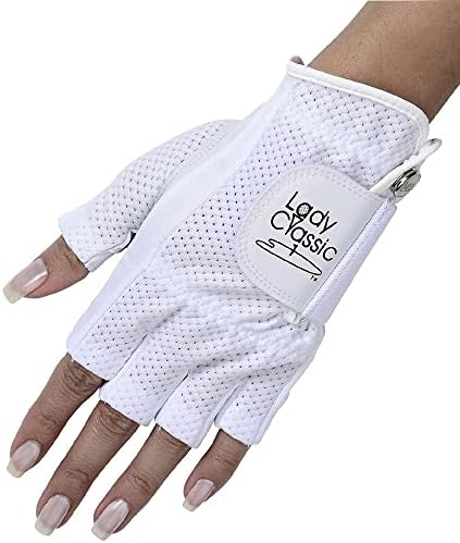 XEIRPRO New Lady Classic Women's Mesh Cool Half Golf Gloves with Premium CABRETTA Leather - Breathable, Perfect for Summer Worn on Right Hand (White/White, Medium)