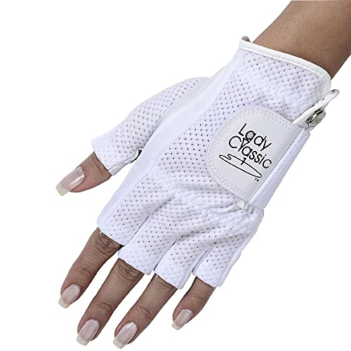 Xeirpro New Lady Classic Women's Mesh Cool Half Golf Gloves With Premium Cabretta Leather - Breathable, Perfect For Summer Worn On Right Hand (White/White, Medium) #TOP3