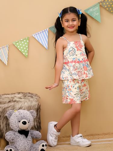 Image of superminis Girl's Top and Shorts |Coordinated Outfit| Sleevless Floral Print Top and Shorts Set| Summer Casual Outfit For Kids| 2-Piece Dress For Girls
