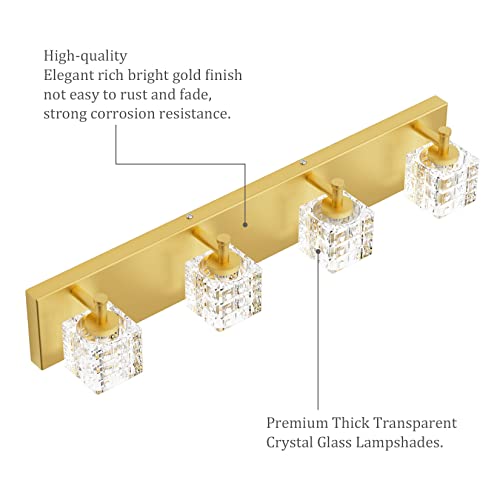 Image of Ralbay Gold Bathroom Vanity Light Fixtures 4 Lights Gold Modern Crystal Bathroom Lights Fixtures Modern Crystal Gold Vanity Light for Bathroom