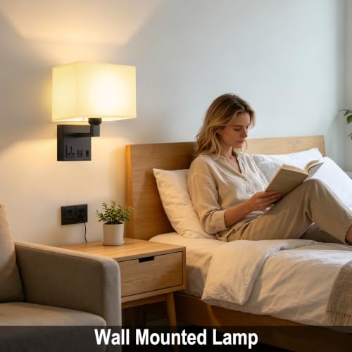 Image of Plug in Wall Sconces, Wall Lamp with Black Base Square lampshade | Wall Lights for Bedroom Bulb Included, Wall Mounted Lamp with 3 Color Temperature, Bedside Lamps with USB Ports and AC Outlet