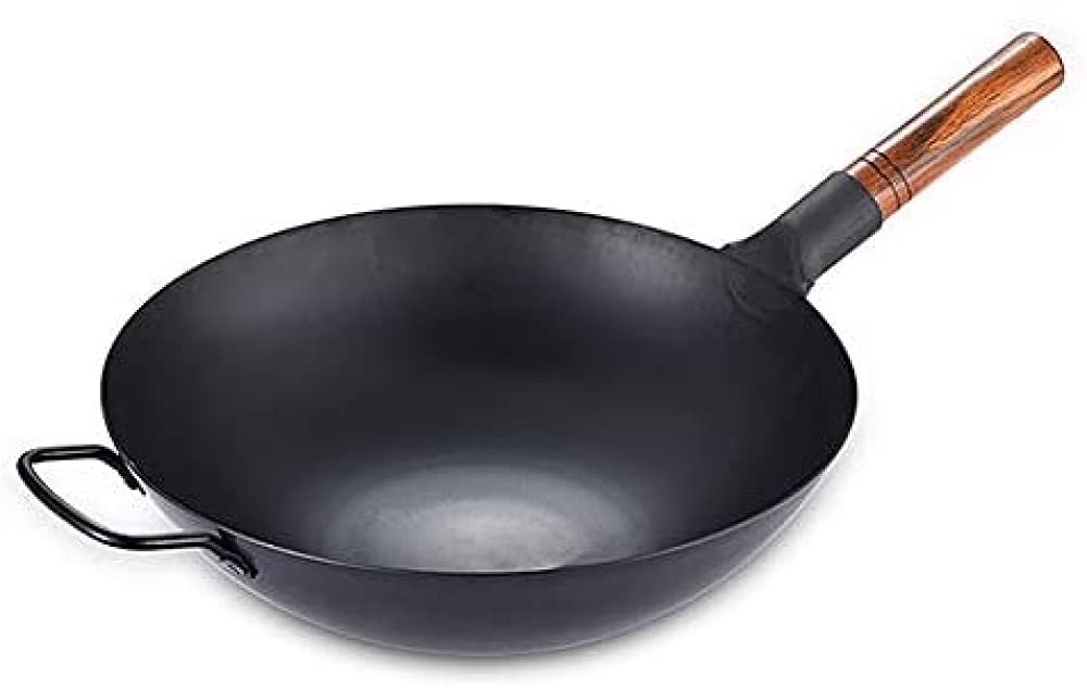 Wok en fer fait à la main, casserole asiatique avec poignée d'aide, fond plat Pow Wok,Convient pour la cuisson au gaz, électrique et à induction Diamètre de la marmite : 34 cm