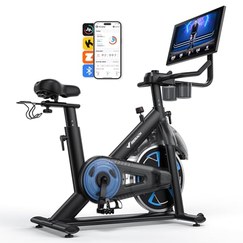 Merach Magnetic Exercise Bike with 21.5' HD Display & Auto Resistance, Low Noise Stationary Bike for Home with Comfortable Seat Cushion, Spinning Bike with Exclusive App