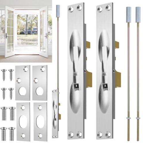 Image of Blulu 2 Pcs Solid Brass Extension Flush Bolt with Rod 10 Inch, 1 inch W x 6-3 /4 inch H Flush Bolt for French Doors & Double Doors, Sliver