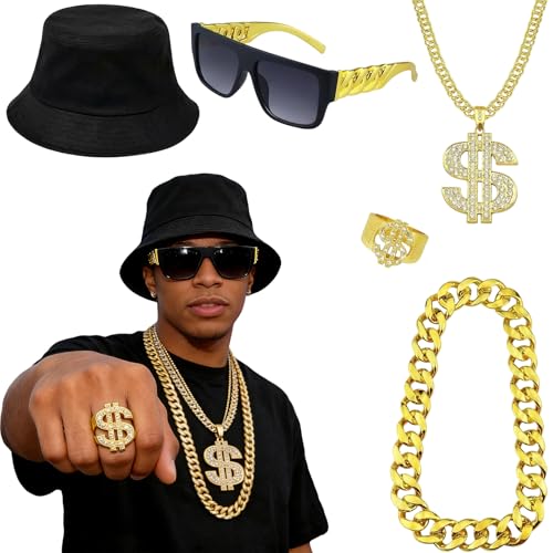 KIDOFLY 80s 90s Hip Hop Costumes Kit Rapper Accessories Outfit, Fake Gold Chain Dollar Sign Chain Ring Twist Leg Punk Sunglasses Bucket Hat for Man Women Halloween Party