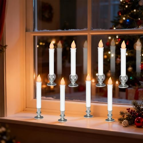 Image of 9 inch Flameless Window Taper Candles Battery Operated with 8-Key Remote and Timer, 4 Pack White Christmas Holdiay Window Candles with Silver Holders, Suction Cups and AA Batteries Included