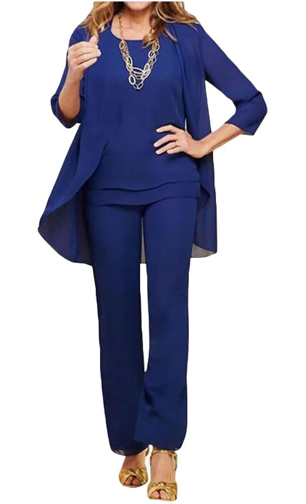 Botong Women's Royal Blue 3 Pc Chiffon Mother Of The Bride Pants Suits Wedding Guest Outfit Formal Evening Dress Wedding Party Outfit Uk22