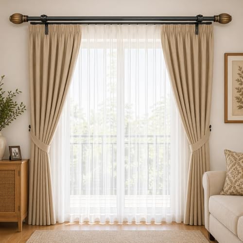 Image of 28 inch-48 inch Adjustable Double Curtain Rod For Door & Windows With Brackets Set Curtains Hanging Extendable Iron Metal Pipe Holder With Pomp Wood Finial (Black, 0.75 inch Diameter)