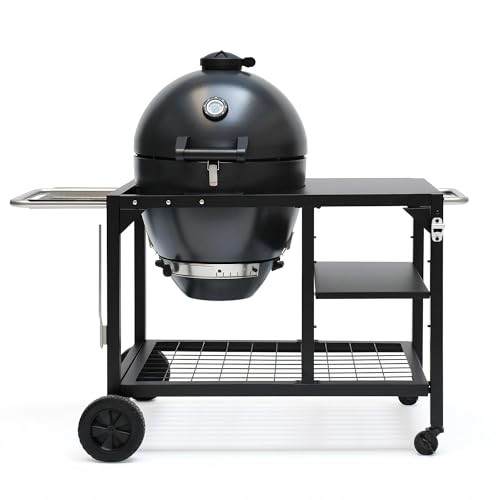 Flintex 22 Inch Kamado Grill Charcoal & Wood Smoker Grill with Rolling Cart Multi-Function BBQ Grill with Stainless Steel Warming Rack and Vegetables Basket for Outdoor Backyard Cooking