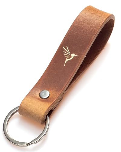ELBERCRAFT® Llavero de cuero - Organizador de llaves para tu llavero, llavero fabricado en Alemania, color marrón, grabado en oro y negro, colibrí, 12 cm