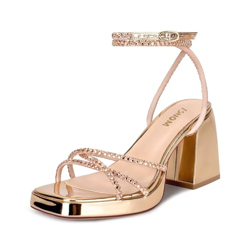 ISNOM Platform Heels for Women Comfortable Strappy Heels Short Block Chunky Sandals Ankle Strap Simple Summer Heeled Sandals Square Open Toe for Wedding Work Party Dressy Prom