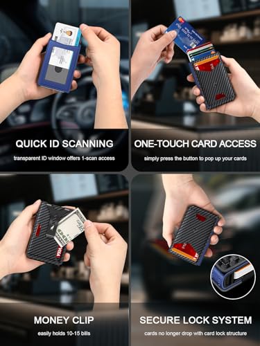 Image of Wallet for Men, Slim Minimalist Wallet with Money Clip＆ID Window, RFID Blocking Pop-Up Credit Card Holder, Smart Auminum Mens Wallet Holds 9-13 Cards (Gift Box) (Carbon Fiber & Blue)