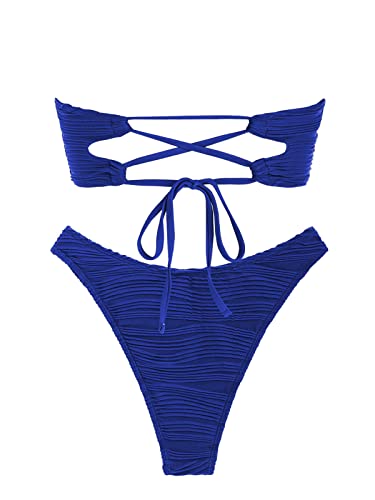 Image of ZAFUL Women Strapless Textured Bandeau Bikini 2 Piece Swimwear Cheeky Solid Lace up Bathing Suits
