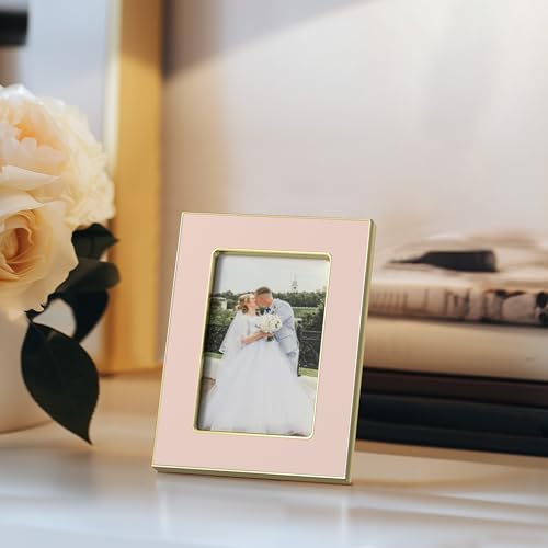 Image of eletecpro 2.5x3.5 Enamel Picture Frame Set of 2 with Real Glass Cover, Photo Frame with Gold Metal Edge, Horizontal and Vertical Display Pictures 2.5 by 3.5 for Tabletop and Wall Decor, Pink