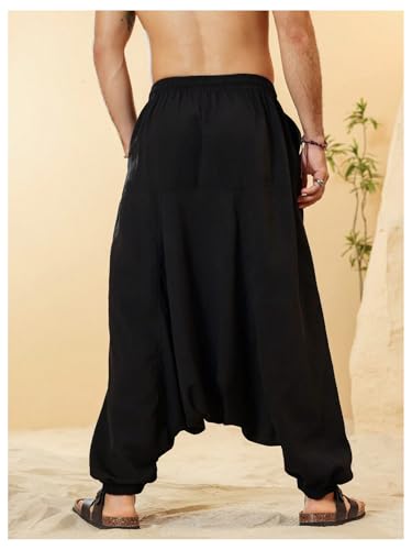OYOANGLE Men's Hippie Harem Pants Elastic Drawstring Waist Loose Fit Drop Crotch Jogger Trousers3