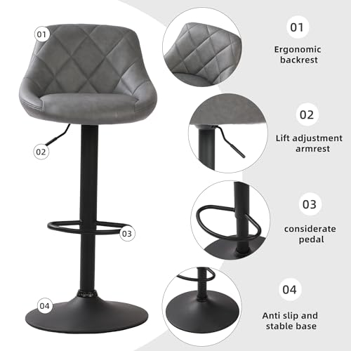 Millhouse DM585 Modern Bar Stools Set, Leatherette Exterior, Adjustable Swivel Gas Lift, Black Footrest for Breakfast Bar, Counter, Kitchen (DM585 Vigo Grey) - Image 5