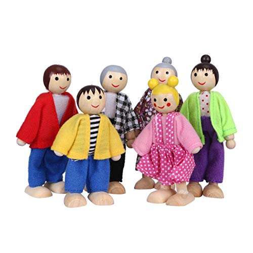 JWJW Wooden Doll House Family Dress-up Characters, 7 Pack Poseable Family Pretend Play Mini People Figures, Family Dollhouse Set (D)