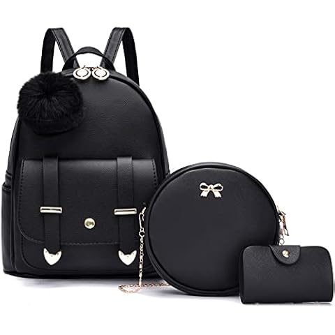 I IHAYNER Mini Leather Backpack Purse for Teen Girls 3-Pieces Fashion Backpack Cute Travel Daypacks Women Pompom Backpack Shoulder Bag Black Cover