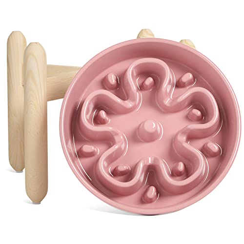 LE TAUCI Ceramic Slow Feeder Dog Bowls Elevated, 3 Cup Raised Bowl with Wooden Stand for Medium Large Breed, Slow Down Eating, Puzzle Dog Food Bowl, Flower Pink